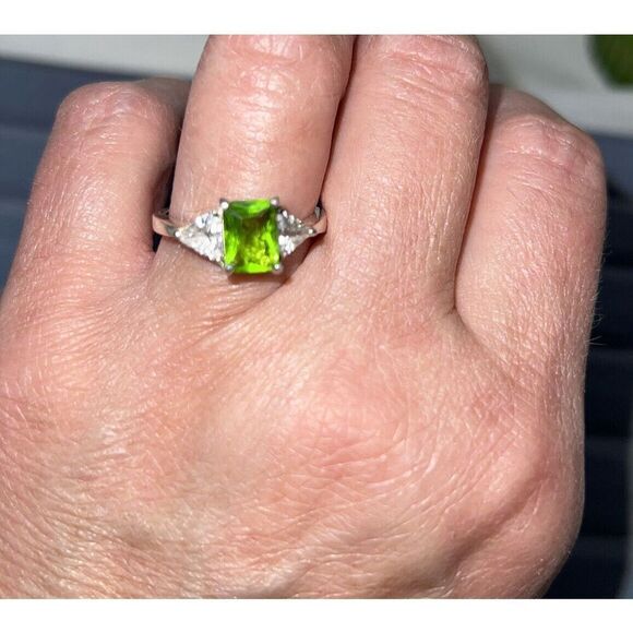 Tourmaline & Crystal Three Stone Ring Emerald Cut Stamped 925 Silver Size 81/2 - Picture 8 of 10